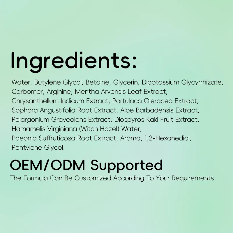 List of ingredients including water, glycerin, witch hazel, and more with a note about OEM/ODM support for customization.